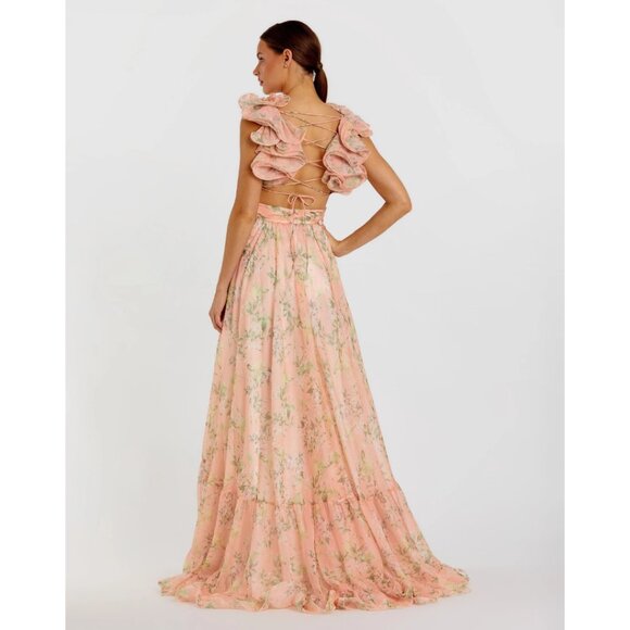 Mac Duggal Pink Ruffle Tiered Floral Cut-Out Chiffon Gown Size 6 *Hemmed* - Picture 2 of 8